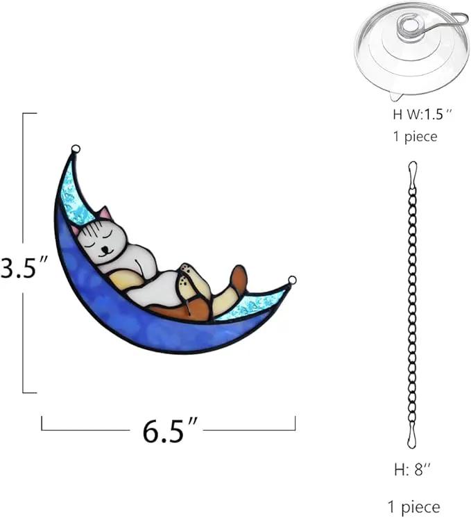 BOXCASA Sleeping Cat Stained Glass Windown Hanging,Cat on Moon Beautiful Handcrafted Sun Catcher Gifts for Daughter,Mothers Day,Christmas and Cat Lover by GreenHaven Gardens