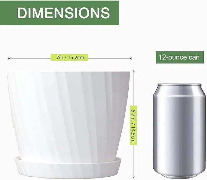7 Inch Plant Pots Bulk, 6 Pack Plastic Planters with Drainage Holes and Saucers for Indoor Outdoor House Plants and Flowers, White by GreenHaven Gardens