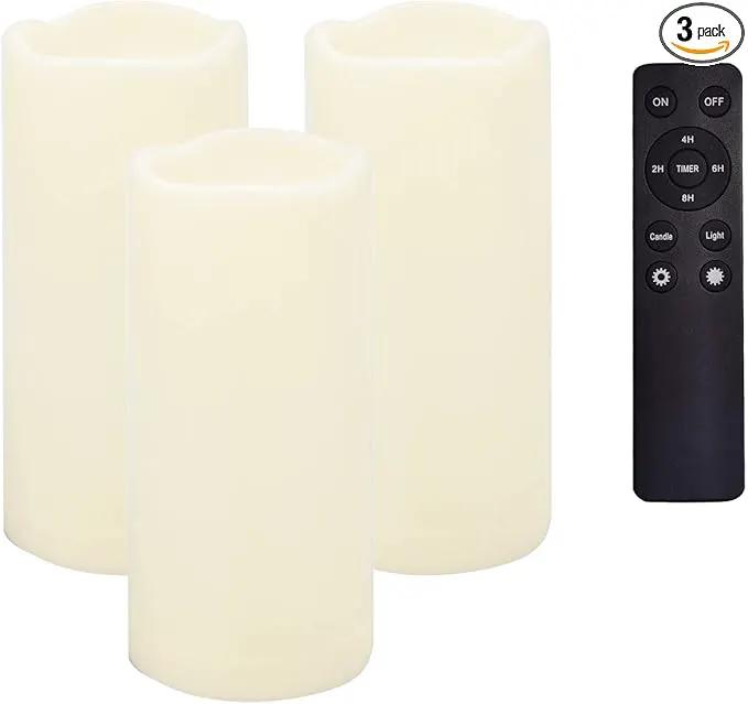 CANDLE CHOICE Waterproof Outdoor Battery Operated Flameless Candles Remote Timer White Tall Plastic Fake Realistic Flickering Electric LED Pillars for Lantern Wedding Christmas Decorations 3”x7” 3PCS by GreenHaven Gardens