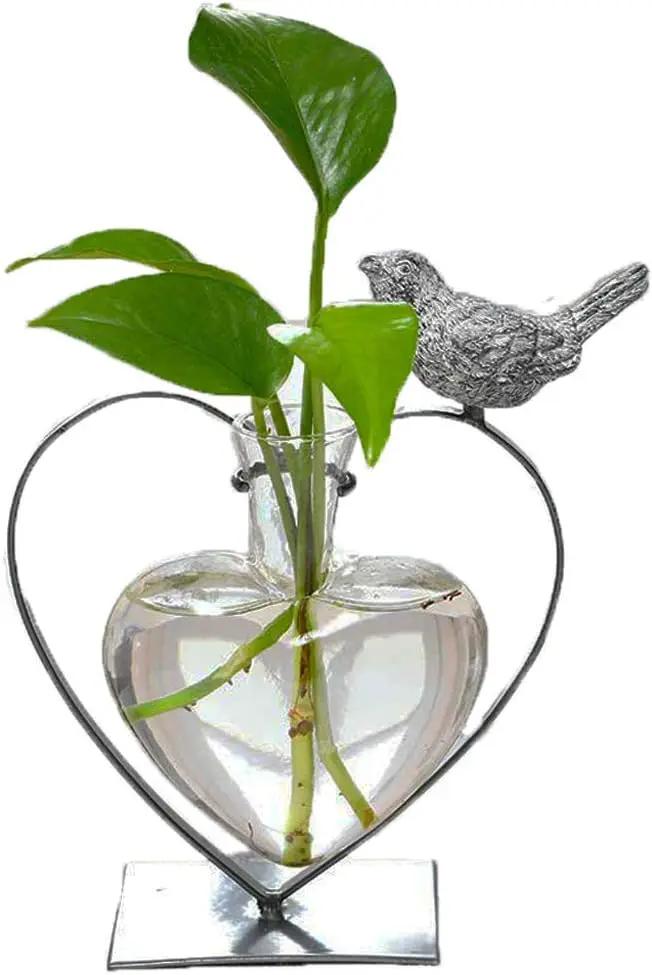 Marbrasse Desktop Glass Vase, Bulb Glass Vases for Holder, Creative Bird with Heart Planter Vase, Plant Terrarium Metal Stand for Modern Office Home Wedding Decorations by GreenHaven Gardens
