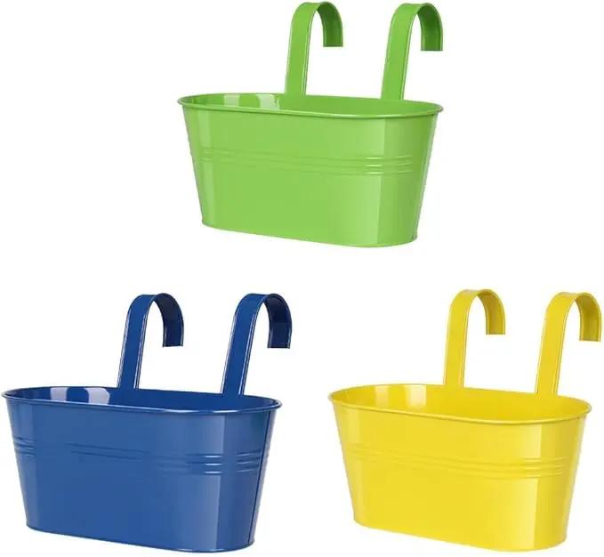 Metal Railing Planter for Outdoor Plants - 3 Pack Balcony Hanging Flower Pots with Detachable Hooks and Drain Holes Oval Bucket Rail Box Fence Planters for Home Garden Decor, Green Yellow Blue by GreenHaven Gardens
