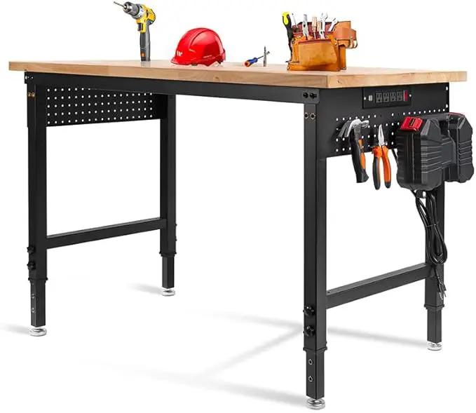 48" L×24”W Adjustable Workbench, 28”-40”Heights Heavy Duty Table 2000 LBS Load Capacity, Work Bench with Power Outlet & Pegboard, Rubber Wood Work Table for Garage, Office, Workshop, Home by GreenHaven Gardens