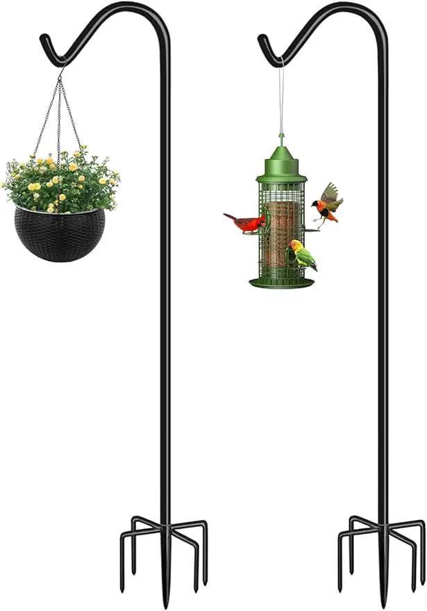 Shepherds Hook for Outdoor Bird Feeders Pole 76 Inch Tall, Adjustable Heavy Duty Garden Hanger Stake Pole with 5 Prong Base, Shiny Black (2 Packs) by GreenHaven Gardens