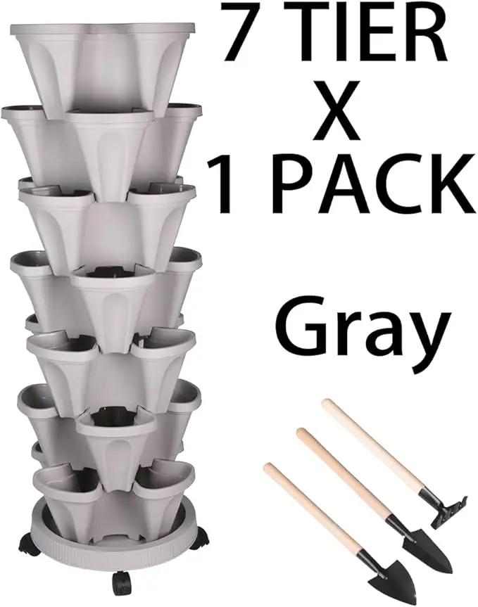 Vertical Planter 7 Tier Stackable Planters Garden Planters Strawberry Herb Flower and Vegetable Planter Indoor Outdoor Gardening Pots with Removable Wheels and Tools by GreenHaven Gardens
