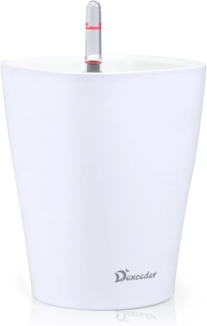 Dexceder 6x7 Self Watering Planter Indoor Outdoor, High Gloss Table Flower Plant Pot with Water Level Indicator (White) by GreenHaven Gardens