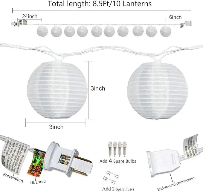Lantern String Lights, 8.5 Ft Indoor Decor Light with 10 Waterproof Nylon Lantern, 8" Spacing Hanging Globe Light Set UL Certified Plug-in Connectable Decorative Lights for Indoor & Outdoor (White) by GreenHaven Gardens