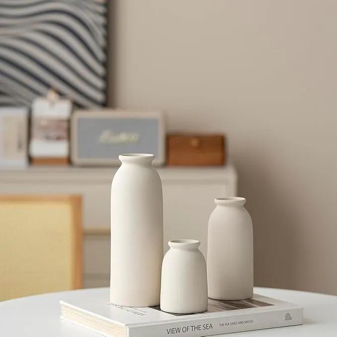 Ceramic Vase Set-3, Small Flower Vases for Decor, Modern Boho Farmhouse Style, Decorative Vases for Pampas Grass & Dried Flowers, Distressed Finish (Beige) by GreenHaven Gardens