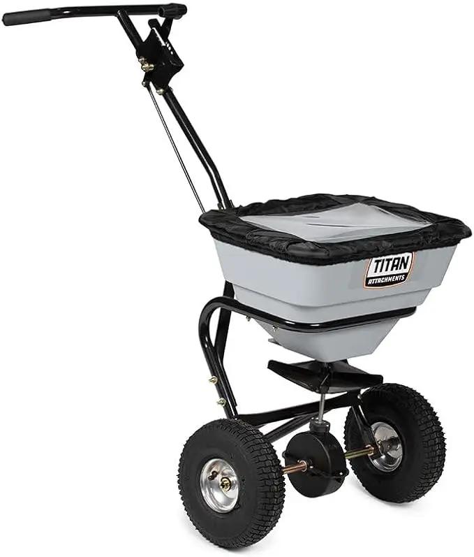 Titan Attachments 70 LB Professional Fertilizer Push Broadcast Spreader, Spreads 10 to 12 FT, Lawn Care and Ice Melter, Yard Tool by GreenHaven Gardens