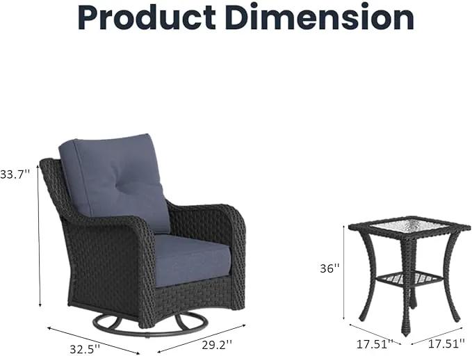 3 Pieces Outdoor Patio Furniture Sets with Rocking Swivel Chairs with 6-inch Thick Cushion and Side Table for Deck Lawn by GreenHaven Gardens
