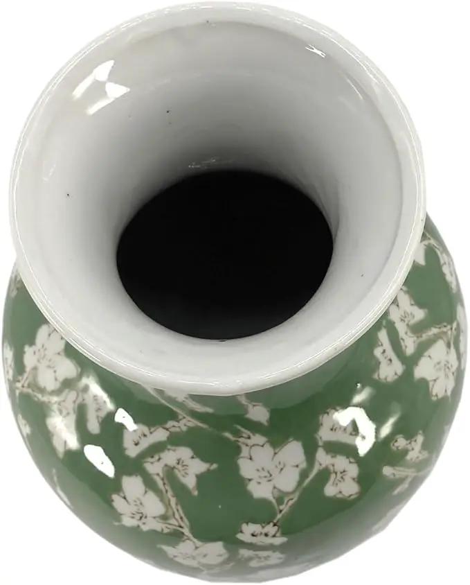Galt International Floral Chinoiserie Ceramic Vase 14" - Green Sakura Hand Painted Antique Style Porcelain Flower Bottle Fishtail Porcelain Chinese Vase for Home Decor Centerpiece by GreenHaven Gardens