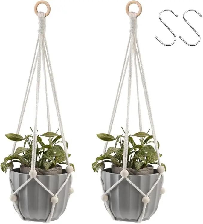 Artilady Hanging Planter for Indoor Plants Macrame Plant Hanger Large Hanging Plant Holder with Adjustable Beads Plants Basket White Rope Boho Plant Wall Decor by GreenHaven Gardens
