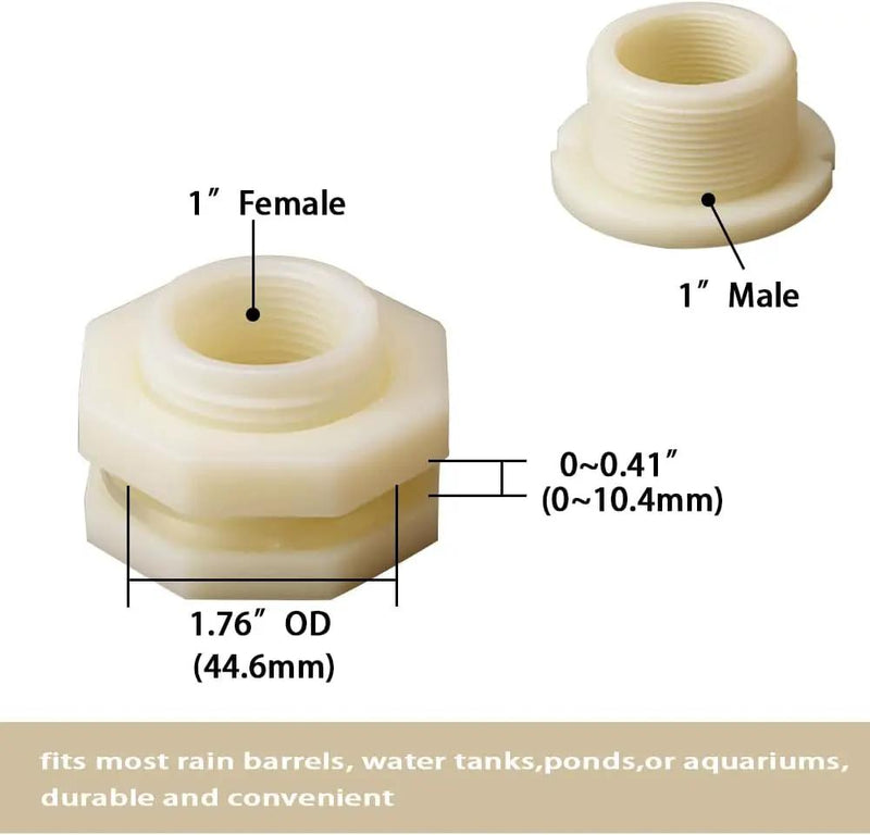 1" Female ABS Bulkhead Fitting, Plastic Water Tank Connector Adapter Fitting with Plugs for Outdoor rain Barrel Garden Hose Adapter Spigot kit Water Tank Gallon Drain Bucket(Set of 2) by GreenHaven Gardens