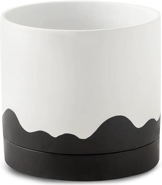 Nihow Ceramic Plant Pot: 8 Inch Planter with Drainage Hole & Saucer for Indoor & Outdoor Plants - Cylinder Round Flower Pot for Succulent/Herbs/Violets - White & Wave Black by GreenHaven Gardens