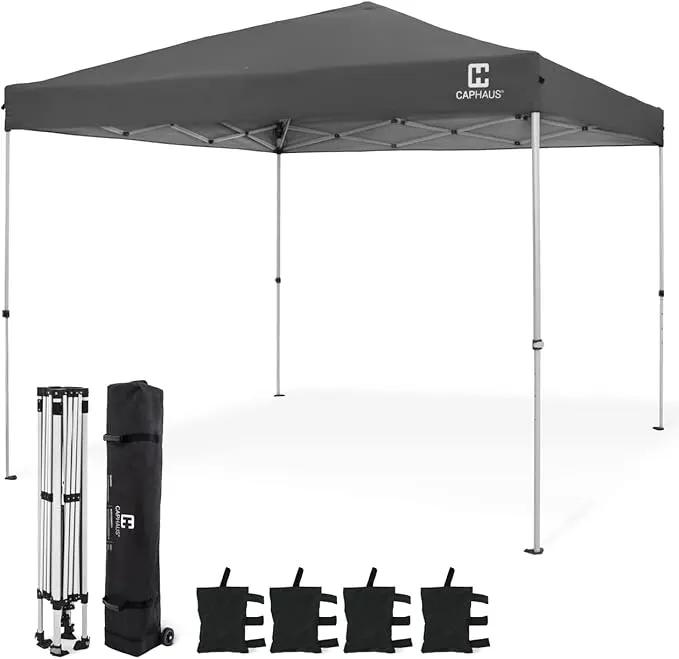 CAPHAUS 12ft x 12ft Patented One-Push Pop Up Outdoor Canopy Tent, Heavy-Duty Commercial Grade w/Central Lock, Portable and Instant Folding Shelter with Wheeled Carry Bag and Weight Bag, Dark Grey by GreenHaven Gardens
