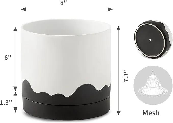 Nihow Ceramic Plant Pot: 8 Inch Planter with Drainage Hole & Saucer for Indoor & Outdoor Plants - Cylinder Round Flower Pot for Succulent/Herbs/Violets - White & Wave Black by GreenHaven Gardens