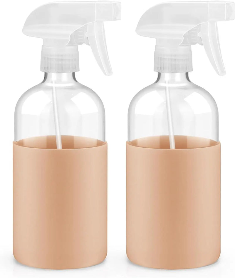2 Pack Glass Spray Bottles with Long Silicone Sleeve, 16 oz Empty Refillable Containers with Adjustable Spray Nozzles, Spray Bottles for Hair, Cleaning Solutions and Plants khaki by GreenHaven Gardens