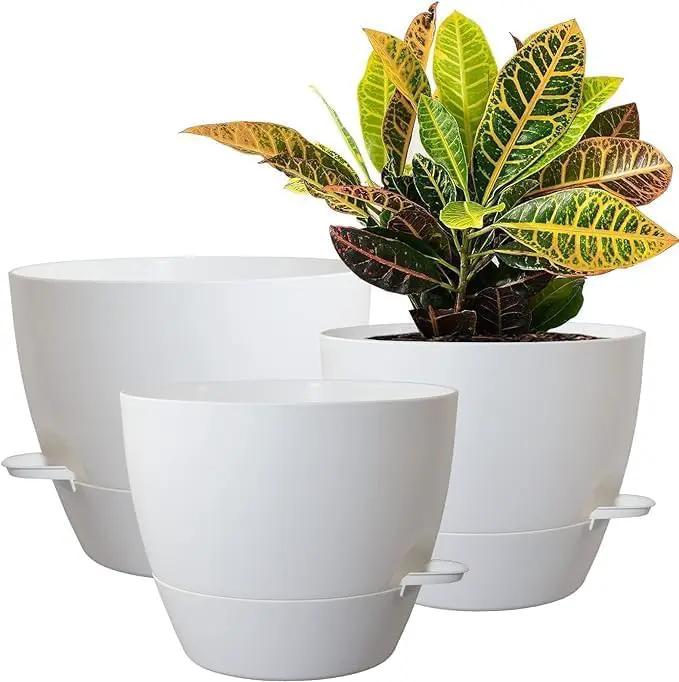 10/9/8 inch Self Watering Pots, Set of 3 Plastic Planters with Mesh Drainage Holes and Deep Reservoir for Indoor Outdoor Garden Plants and Flowers, White by GreenHaven Gardens