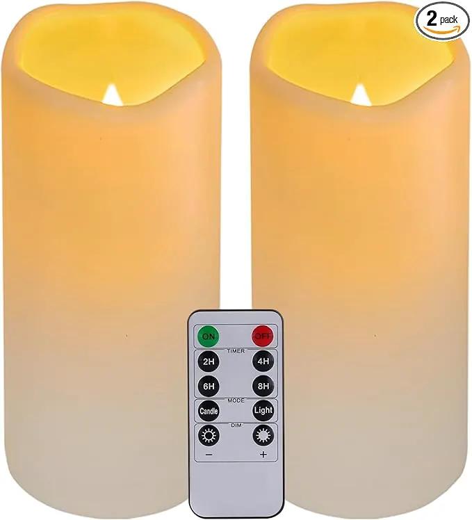 Flickering Flameless LED Candles with 10-Key Remote & Timer, Waterproof Outdoor Indoor f Battery Operated Candles for Home/Wedding/Festival Décor Set of 2 (D3 x H5.5) Ivory by GreenHaven Gardens