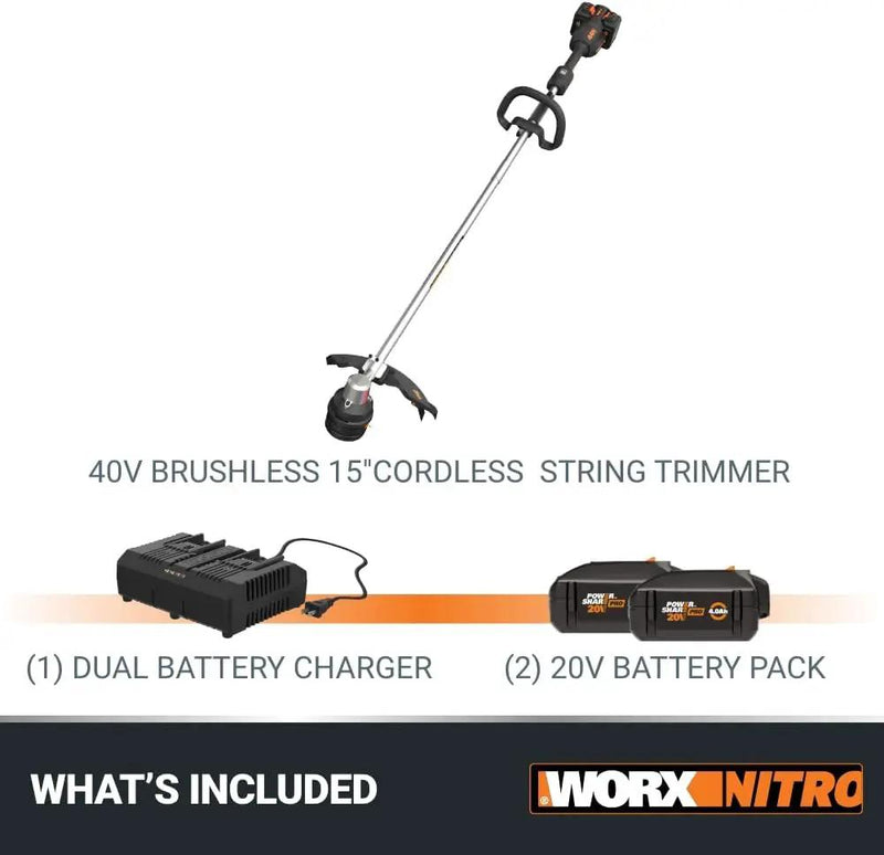 Worx Nitro 40V 15" Cordless String Trimmer with Brushless Motor, Powerful Grass Trimmer with Dual-Exit Bump-Feed Head, Lightweight Weed Trimmer Easy-Load Spool Head – Batteries & Charger Included by GreenHaven Gardens