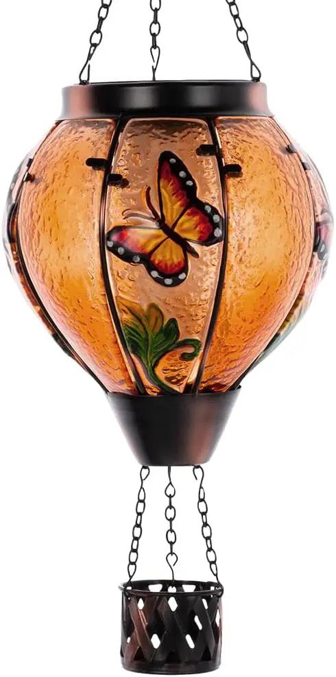 Starsoul Butterfly Hot Air Balloon Solar Lantern with Flickering Flame Light Glass Solar Powered Hot Air Balloon Lamp Waterproof Hanging Outdoor Solar Lantern for Yard Porch Backyard Decor by GreenHaven Gardens