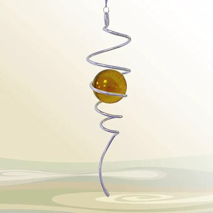Gazing Ball Spiral Decorative Wind Spinner Tail Wind Spinner Sun Catcher 11inch Tail and 2 inch Glass Orb. Wind Spinner Stabilizer Indoor Outdoor Garden Decoration -13 inch Height(Gold) by GreenHaven Gardens