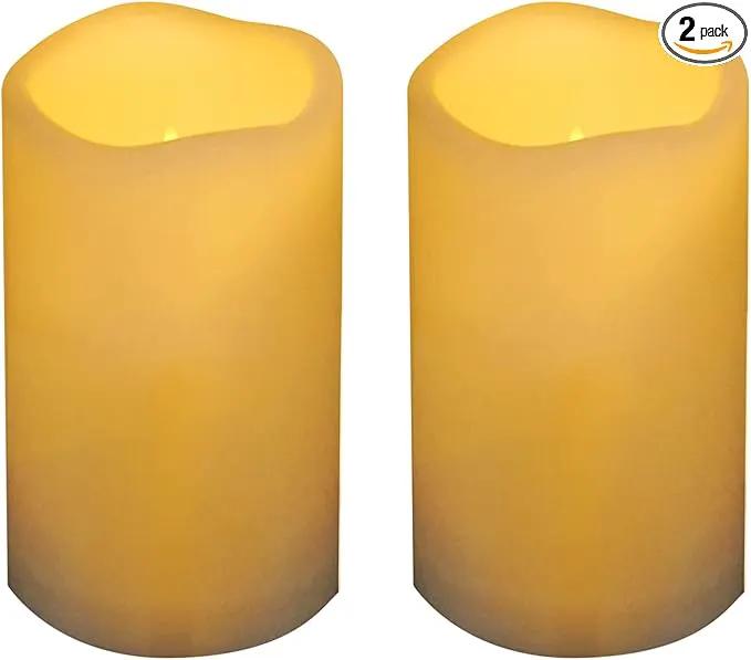 Waterproof Outdoor Battery Operated Flameless Pillar Candles with Timer White Plastic Realistic Flickering Fake Electric LED Lights for Lantern Garden Wedding Christmas Decorations 3”x5” 2 Pack by GreenHaven Gardens