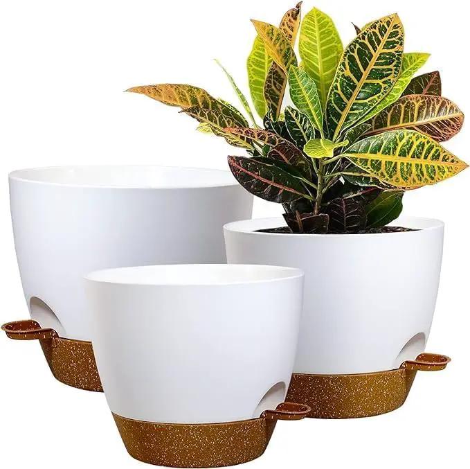 10/9/8 inch Self Watering Pots, Set of 3 Plastic Planters with Mesh Drainage Holes and Deep Reservoir for Indoor Outdoor Garden Plants and Flowers, White with Brown by GreenHaven Gardens