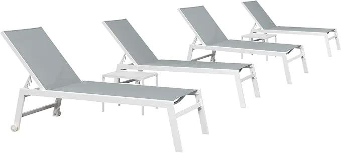 PURPLE LEAF Oversize Outdoor Chaise Lounge Set of 4 Outdoor White Aluminum Lounge Chairs with Side Table and Wheels Patio Lounge Chair for Yard Pool Deck, Bluish-Gray by GreenHaven Gardens