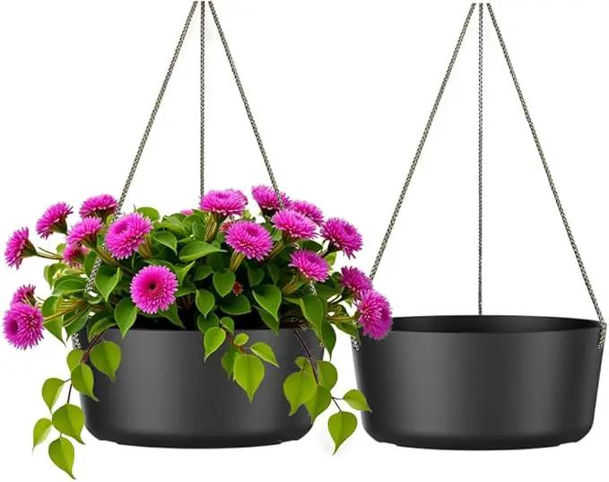 10.7 Inch Hanging Planter for Outdoor Indoor Plants，2 Pack Hanging Flower Pots with Drain Holes for Garden Home Decor Use (Black) by GreenHaven Gardens