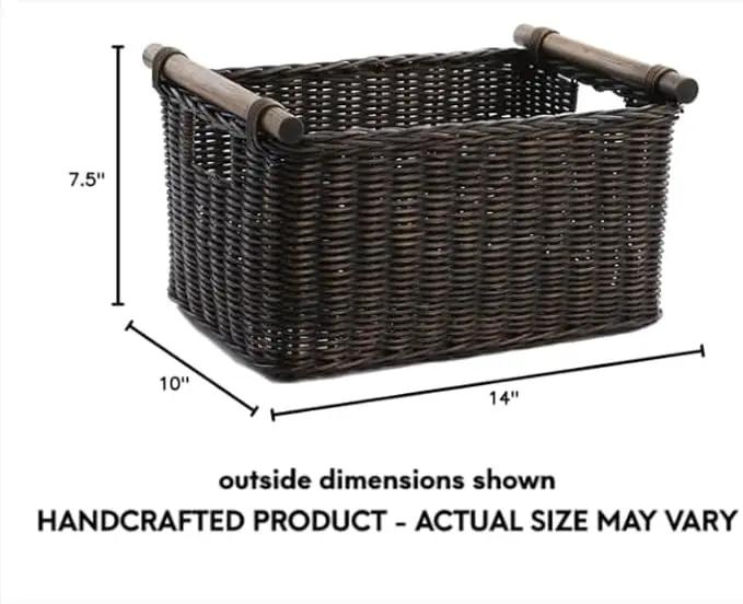 The Basket Lady Pole Handle Wicker Storage Basket, Small, 14 in L x 10 in W x 7.5 in H, Antique Walnut Brown by GreenHaven Gardens