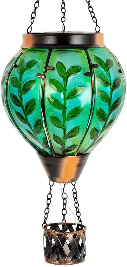 Green Leaf Hot Air Balloon Solar Lantern with Flickering Flame Light,Glass Hanging Solar Lanterns Outdoor Waterproof Hot Air Balloon Decor for Patio Party Yard Tree,Garden Gifts for Women Mom by GreenHaven Gardens