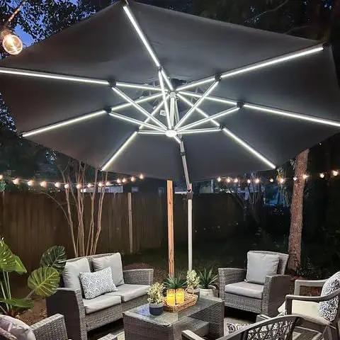 PURPLE LEAF 10ft Solar powered LED Patio Umbrella Outdoor Round Umbrellas Large Cantilever Umbrella with LED lights Windproof Offset Heavy Duty Sun Umbrellas for Garden Deck Pool Patio, Grey by GreenHaven Gardens