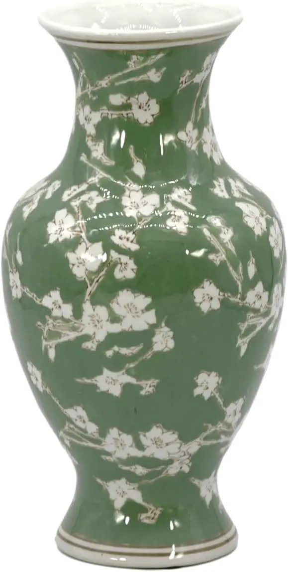 Galt International Floral Chinoiserie Ceramic Vase 14" - Green Sakura Hand Painted Antique Style Porcelain Flower Bottle Fishtail Porcelain Chinese Vase for Home Decor Centerpiece by GreenHaven Gardens