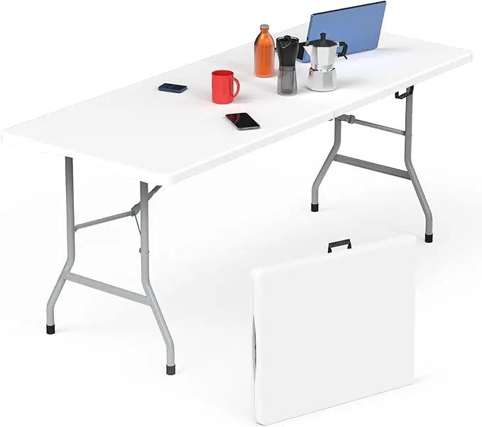 Folding Table 6ft, Foldable Portable Heavy Duty Plastic Fold-in-Half Utility Table with Handle & Safety Locks, Picnic Table Indoor Outdoor for Camping, Picnic and Party by GreenHaven Gardens