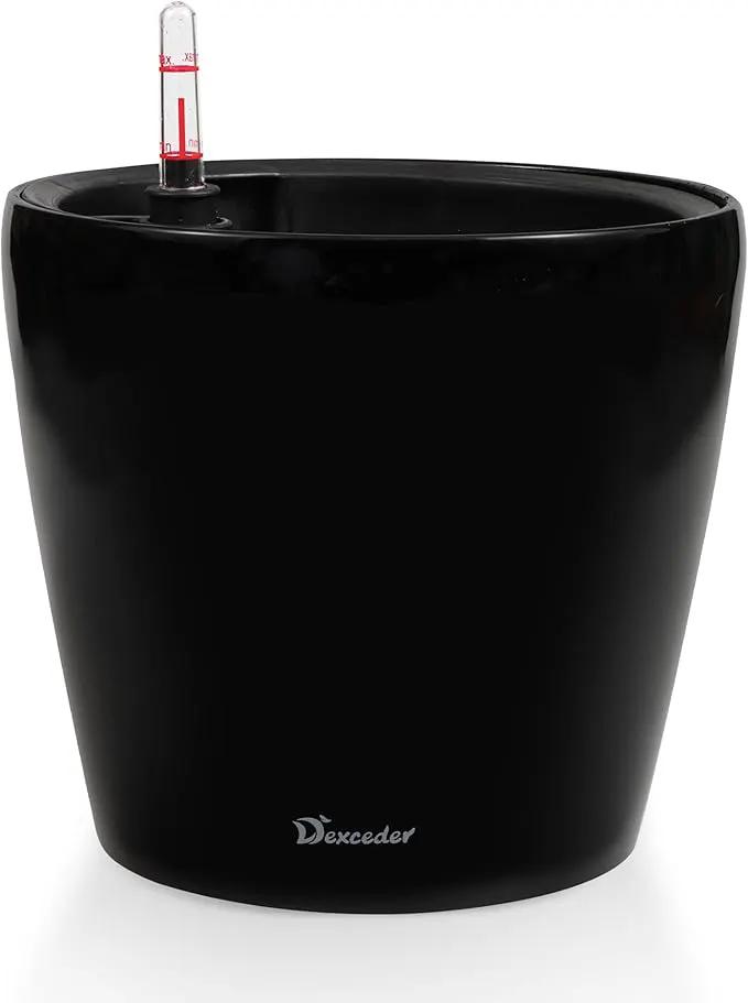 Dexceder 11x10 Inches High Gloss Self Watering Planter Indoor Outdoor, Inner Pot Design, Thickened Table Flower Plant Pot with Water Level Indicator (Black) by GreenHaven Gardens