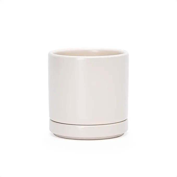 D'vine Dev 3.5 Inch Ceramic Planter Pot with Drainage Hole and Saucer, Indoor Cylinder Round Planter Pot, Oatmeal, 94-O-A-8 by GreenHaven Gardens