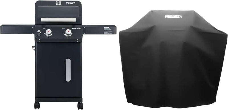 Monument Grills 2-Burner Foldable Stainless Steel Liquid Propane Gas Patio Garden Barbecue Grill with Clearview® Lid, Knob Control Mesa220 with BBQ Cover by GreenHaven Gardens