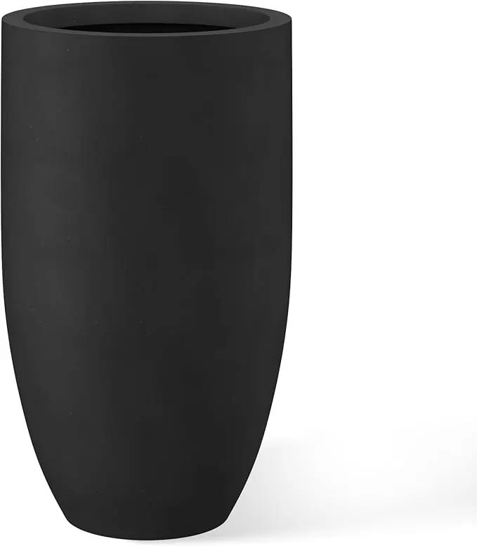 Kante 24 Inch Tall Round Concrete Planter, Large Indoor Outdoor Plant Pots with Drainage Hole and Rubber Plug, Modern Decorative Garden Pots for Home Patio Porch, Black by GreenHaven Gardens