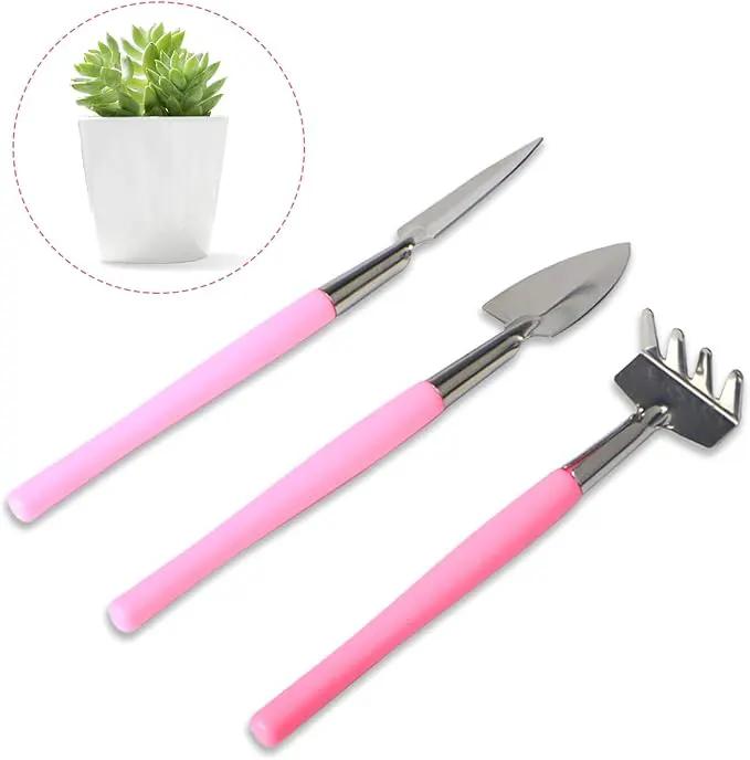 Mini Gardening Tools, 3Pcs Stainless Succulent Tools Kit Shovel Rake Trowel, 2 Colors Hand Shovel for Gardening for Indoor Small Plants, Succulents, Potted Plants, Bonsai (Pink) by GreenHaven Gardens