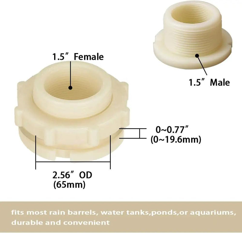1.5" Female ABS Bulkhead Fitting, Plastic Water Tank Connector Adapter Fitting with Plugs for Outdoor rain Barrel Garden Hose Adapter Spigot kit Water Tank Gallon Drain Bucket(Set of 2) by GreenHaven Gardens