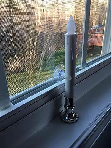 DRomance 9" Flameless Window Taper Candles Battery Operated with 8-Key Remote and Timer, 4 Pack White Christmas Holdiay Window Candles with Silver Holders, Suction Cups and AA Batteries Included by GreenHaven Gardens