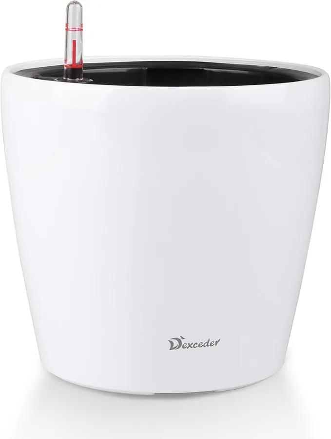 Dexceder 11x10 Inches High Gloss Self Watering Planter Indoor Outdoor, Inner Pot Design, Thickened Table Flower Plant Pot with Water Level Indicator (White) by GreenHaven Gardens