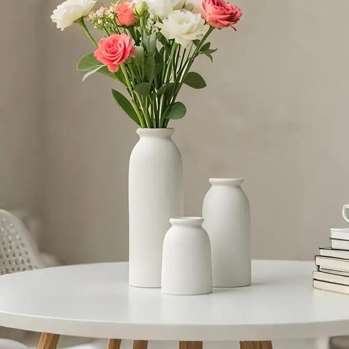 Ceramic Vase Set-3, Small Flower Vases for Decor, Modern Boho Farmhouse Style, Decorative Shelf Vases for Pampas Grass & Dried Flowers, Distressed Finish (White) by GreenHaven Gardens