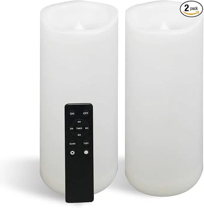 CANDLE CHOICE Waterproof Outdoor Battery Operated Flameless Candles with Remote Timer Large Tall White Plastic Bright Flickering Electric LED Pillars Lantern Patio Garden Decoration 4x10 Inches 2 Pack by GreenHaven Gardens