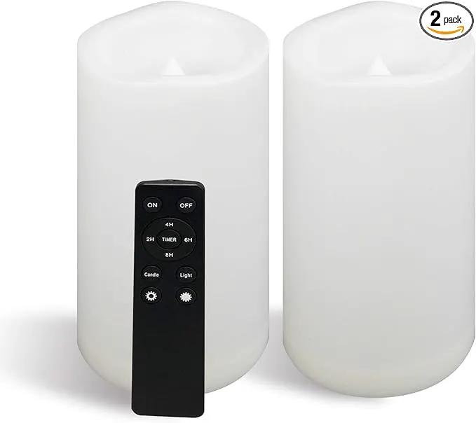 CANDLE CHOICE Large Waterproof Outdoor Battery Operated Flameless Candles Remote Timer 4”(D)x8”(H) Big White Plastic Bright Flickering Electric LED Pillars Lantern Patio Garden Wedding Decoration 2PCS by GreenHaven Gardens