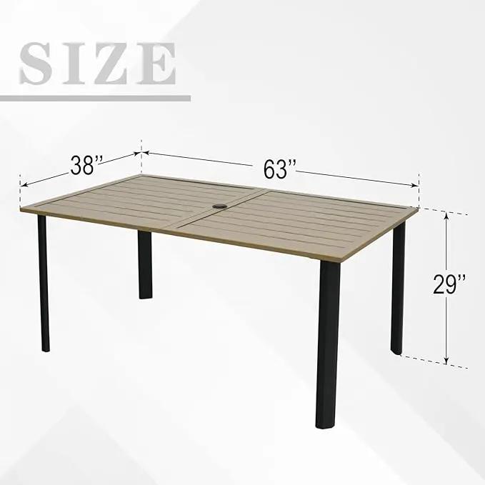 Outdoor Patio Table for 6 Person, Patio Dining Rectangle Table with 1.57" Umbrella Hole for Garden Lawn Backyard Parties, Black Metal Frame 63" L x 38" W x 29" H Brown by GreenHaven Gardens
