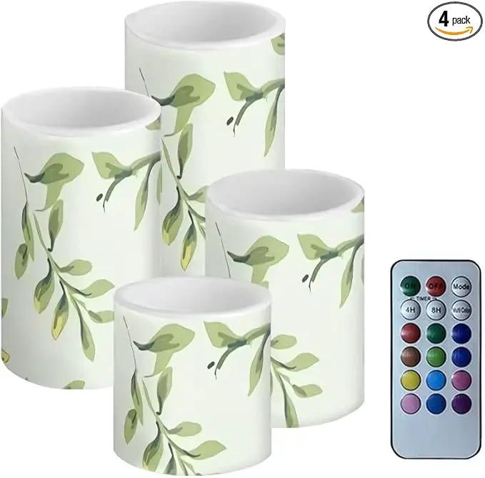 Green Leaves Flameless Candles Battery Operated Candles Set of 4 with 18-Key Remote Control Timer Dancing Flame Pillar Candles for Home Beach Hotel by GreenHaven Gardens