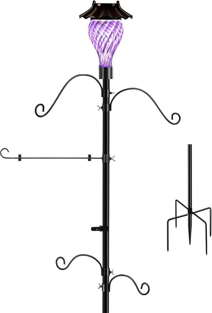 Solar Shepherds Hooks with Hand Blown Glass Lamp, Decorative RGB Lights, 4 Hooks & 1 Flag Holder, Heavy Duty Stand for Hanging Hummingbird Feeder, Bird Feeder, Plant, Landscape Light (Purple) by GreenHaven Gardens