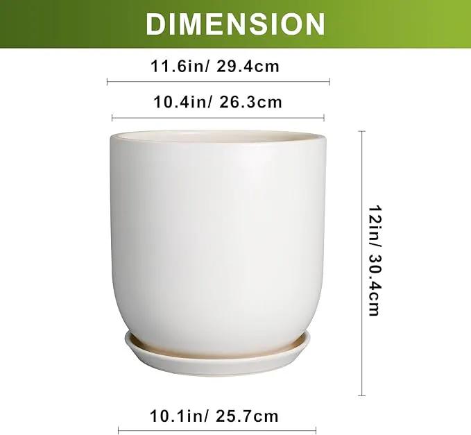 Plant Pot 12 inch - Ceramic Pot for Plants Indoor Outdoor Large Planter Pot with Drainage Hole and Saucer Mid-Century Modern Flower Pot Cylinder White by GreenHaven Gardens