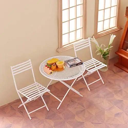 Dollhouse Miniature Bistro Table & Chairs Set Accessories Metal 1:12 Scale Miniatures White Coffee/Tea Furniture Fairy Garden Cute Rustic Elegant Decorations Ornaments (B) by GreenHaven Gardens